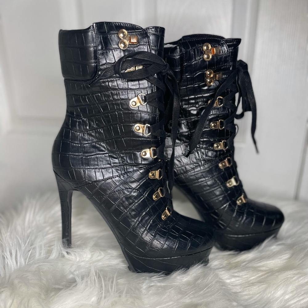 Faux leather croc ankle boot